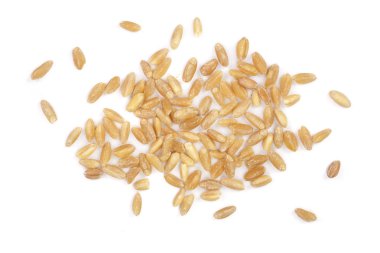 Beyaz arka plan üzerinde izole buğday taneleri. Üstten Görünüm. Düz yatıyordu