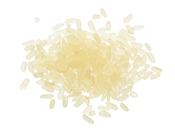 Grãos de arroz isolados sobre fundo branco. Vista superior. Depósito plano — Fotografia de Stock