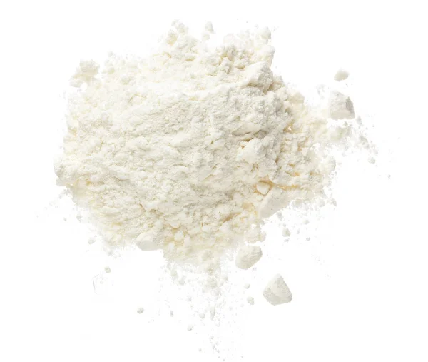 Pile of flour isolated on white background. Top view. Flat lay — Stock Photo, Image