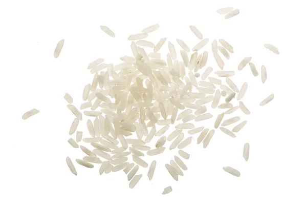 Grãos de arroz isolados sobre fundo branco. Vista superior. Depósito plano — Fotografia de Stock