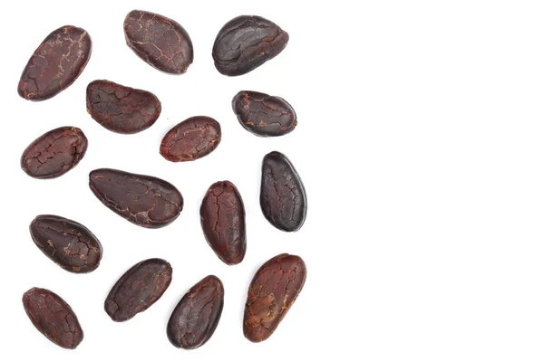 Grano de cacao aislado sobre fondo blanco con espacio de copia para su texto. Vista superior. Puesta plana — Foto de Stock