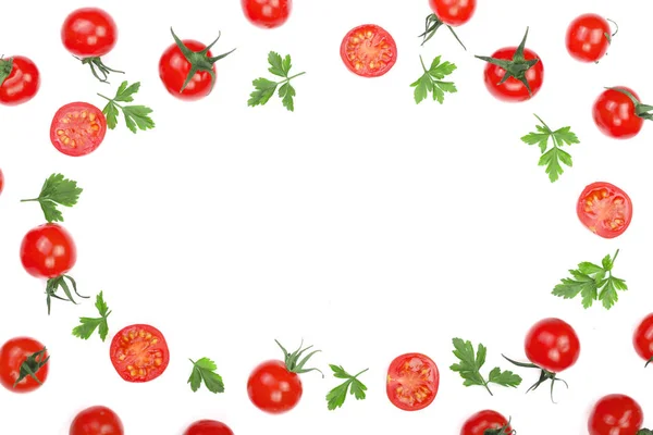 Tomates pequeños de cereza con hojas de perejil aisladas sobre fondo blanco con espacio para copiar el texto. Vista superior. Puesta plana — Foto de Stock