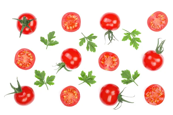 Petites tomates cerises aux feuilles de persil isolées sur fond blanc. Set ou collection. Vue de dessus. Pose plate — Photo