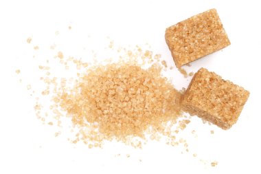 Beyaz arka plan üzerinde izole kahverengi şeker. Üstten Görünüm. Düz yatıyordu