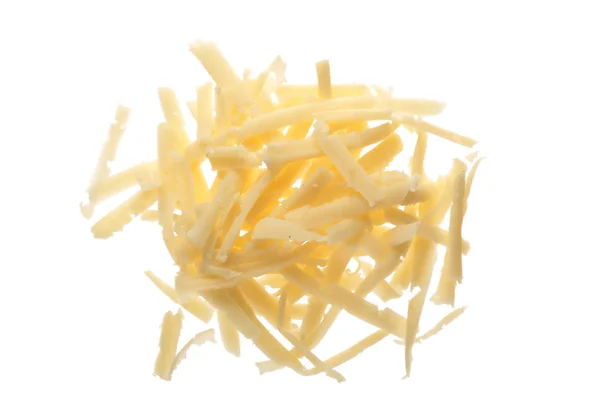 Strouhaný sýr izolovaných na bílém pozadí. Pohled shora — Stock fotografie