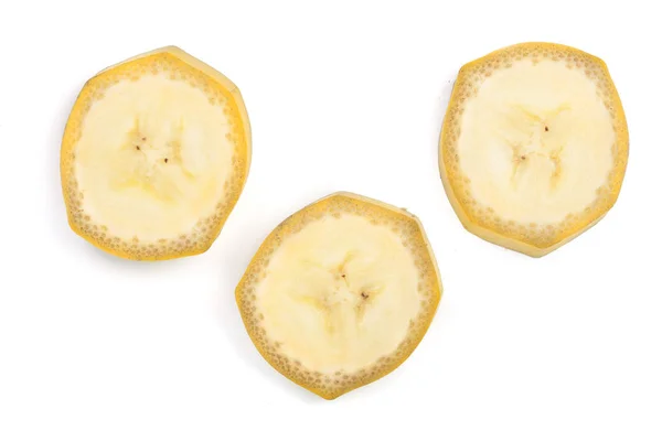 Rodajas de plátano aisladas sobre un fondo blanco. Piso tendido, vista superior —  Fotos de Stock