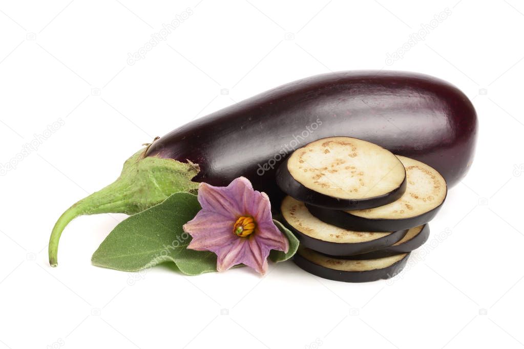 sliced eggplant or aubergine vegetable with flower isolated on white background