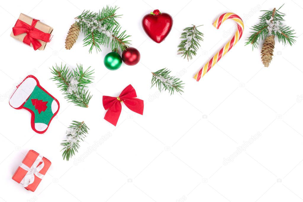 Christmas background with fir branches and decoration isolated on white background with copy space for your text