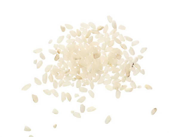 Grãos de arroz isolados sobre fundo branco. Vista superior. Depósito plano — Fotografia de Stock