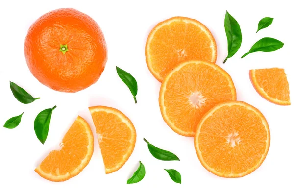 Orange or tangerine with leaves isolated on white background. Flat lay, top view. Fruit composition — Stock Photo, Image
