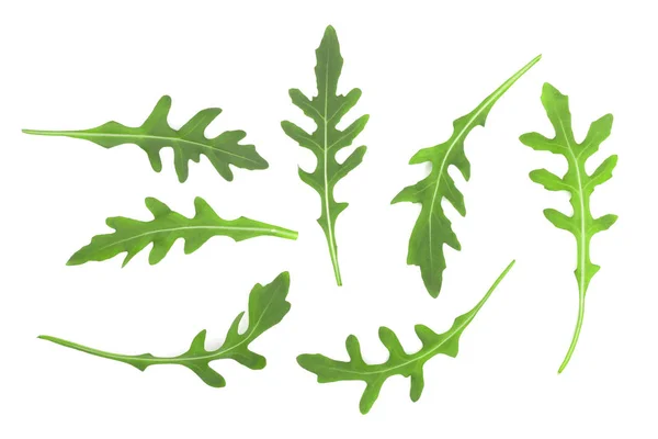 Zielony świeży rucola lub rukola liść na białym tle. Widok z góry. Wzór prosty lay — Zdjęcie stockowe