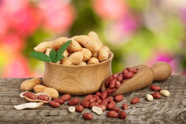 yaprak kase eski bir bulanık Bahçe arka plan ile ahşap tabloda fıstık