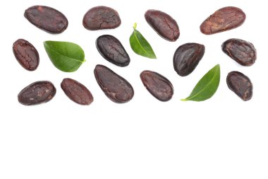 kakao çekirdeği kopya alanı metniniz için beyaz zemin üzerine izole. Üstten Görünüm. Düz yatıyordu