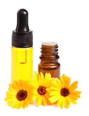 aromaterapi Uçucu yağ kadife çiçeği çiçek izole beyaz arka plan ile