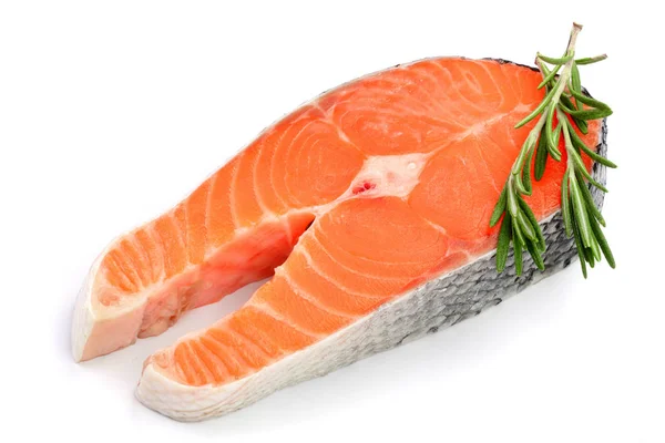 Fetta di salmone di pesce rosso con un rametto di rosmarino isolato su fondo bianco — Foto Stock
