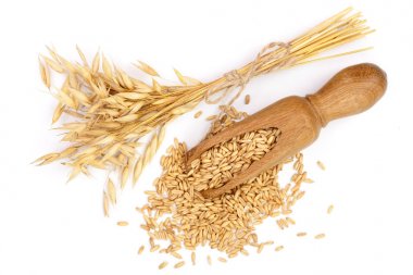 Beyaz arka plan üzerinde izole ahşap Kepçe tahıllar ile yulaf spike. Üstten Görünüm. Düz yatıyordu