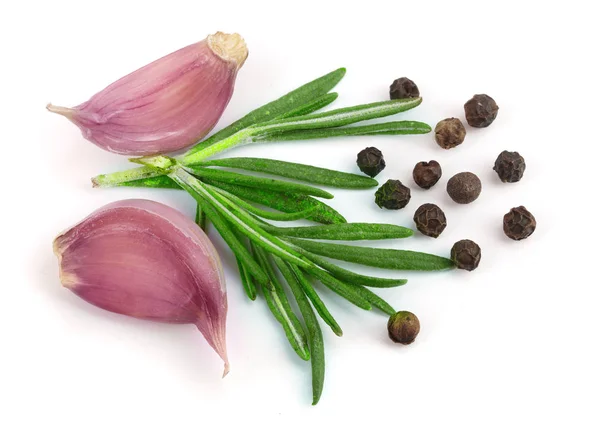 stock image garlic with rosemary and peppercorn isolated on white background. Top view
