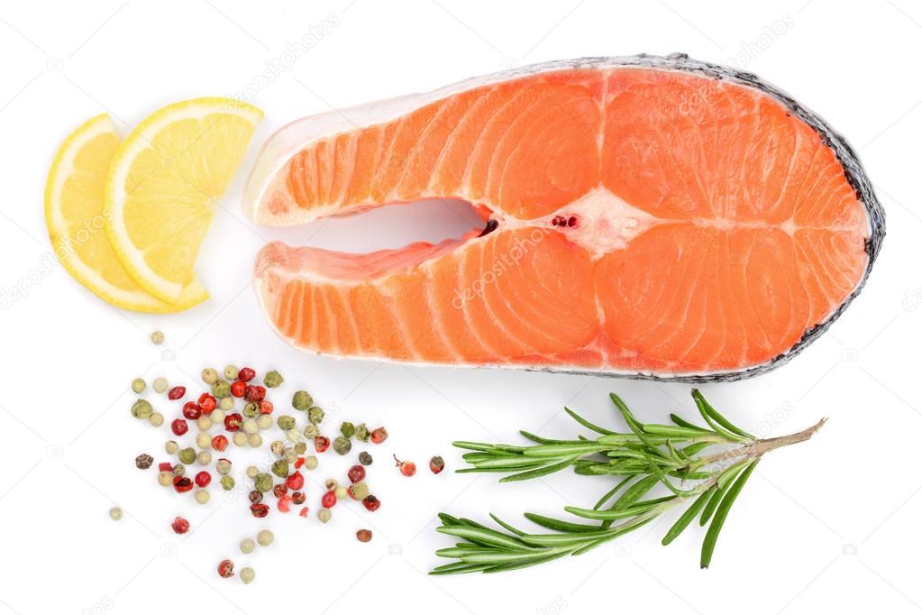 Slice of red fish salmon with lemon, rosemary and peppercorns isolated on white background. Top view. Flat lay