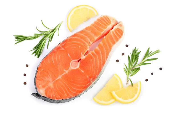 Slice of red fish salmon with lemon, rosemary and peppercorns isolated on white background. Top view. Flat lay — Stock Photo, Image