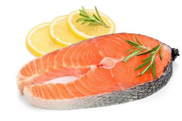 Del av röd fisk lax med citron och rosmarin isolerad på vit bakgrund — Stockfoto