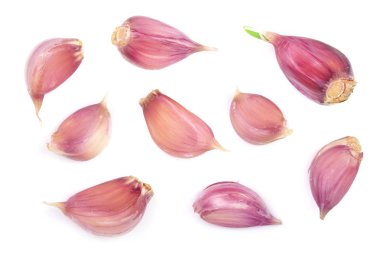 Beyaz arka plan üzerinde izole sarımsak. Üstten Görünüm. Düz yatıyordu desen