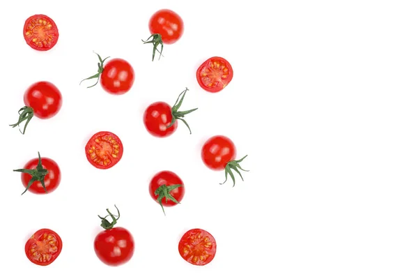 Kirsche kleine Tomaten isoliert auf weißem Hintergrund mit Kopierraum für Ihren Text. Ansicht von oben. flache Lage — Stockfoto