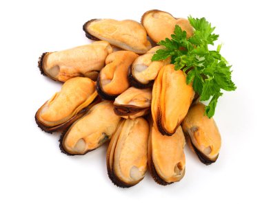 Midye beyaz arka plan üzerinde izole maydanoz yaprağı