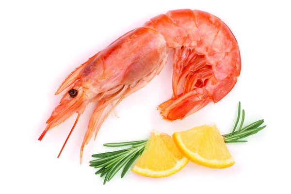 Red cooked prawn or shrimp with rosemary and lemon isolated on white background. Top view. Flat lay — Stock Photo, Image