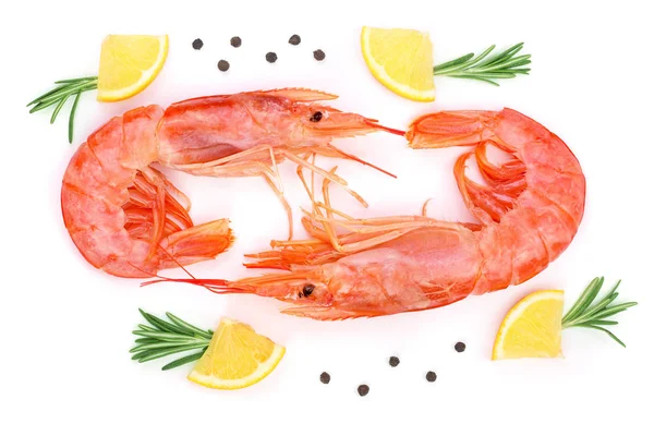 Red cooked prawn or shrimp with rosemary and lemon isolated on white background. Top view. Flat lay