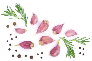 Biberiye ve izole kopya alanı metniniz için beyaz zemin üzerine biber sarımsak. Üstten Görünüm. Düz yatıyordu