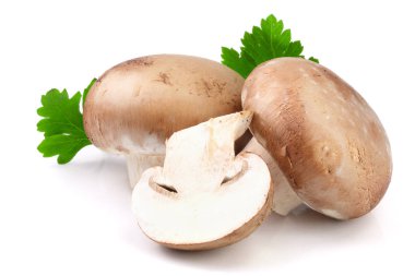 Yarım ve maydanoz ile Kraliyet kahverengi champignon yaprak üzerinde izole beyaz arka plan
