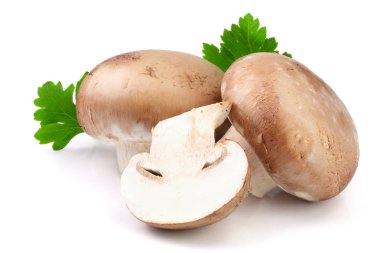 Royal Brown champignon with half and parsley leaf isolated on white background clipart