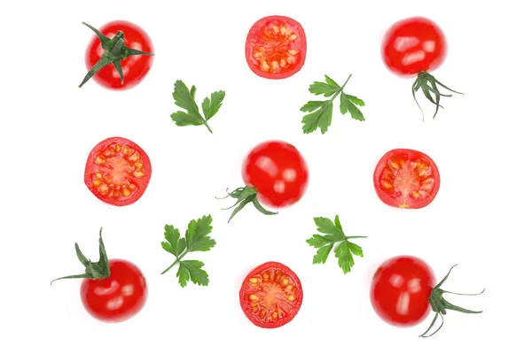 Kirsche kleine Tomaten mit Petersilienblättern isoliert auf weißem Hintergrund. Set oder Kollektion. Ansicht von oben. flache Lage — Stockfoto