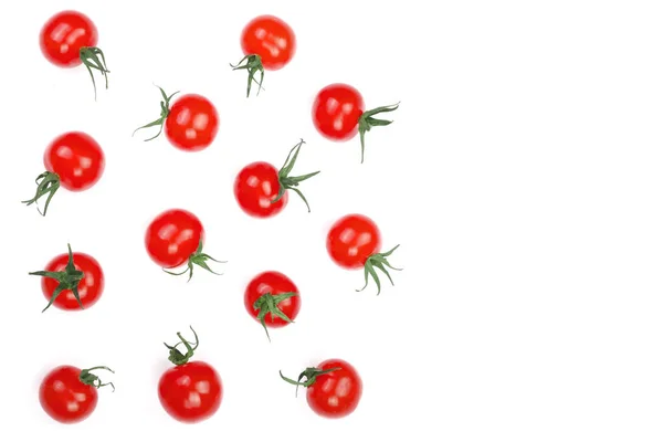 Wiśniowe pomidory małe na białym tle na białym tle z miejsca kopiowania tekstu. Widok z góry. Leżał z płaskim — Zdjęcie stockowe