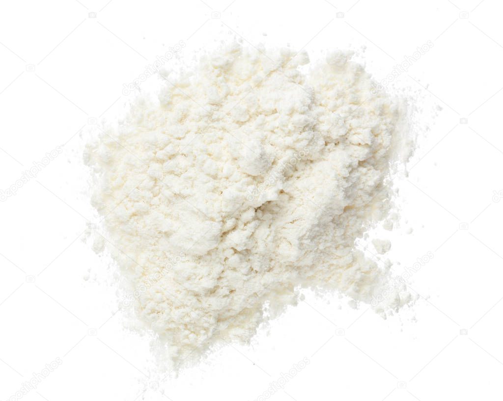 Pile of flour isolated on white background. Top view. Flat lay