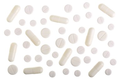 Beyaz arka plan üzerinde izole beyaz hap kapsül. Üstten Görünüm. Düz yatıyordu