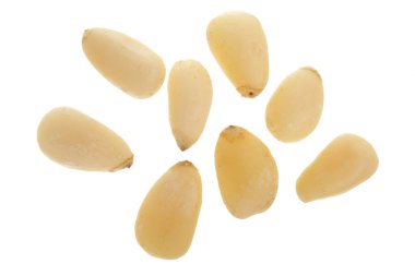 Kabuklu sedir çam fıstığı beyaz arka plan üzerinde izole. Üstten Görünüm