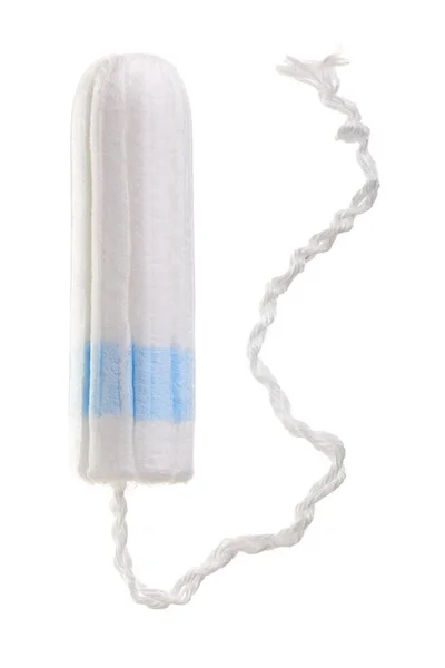 A new tampon with blue string to absorb menstrual blood isolated on white background. Top view — Stock Photo, Image