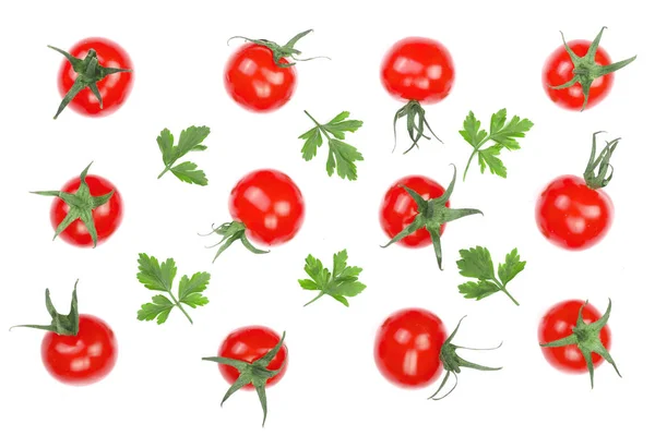 Вишневі маленькі помідори з листям петрушки ізольовані на білому тлі. Встановити або зібрати. Вид зверху. Плоский прошарок — стокове фото