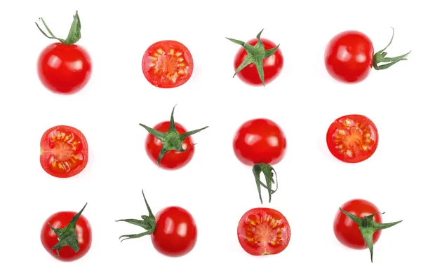 Beyaz arka plan üzerinde izole küçük kiraz domates. Küme veya koleksiyon. Üstten Görünüm. Düz yatıyordu — Stok fotoğraf