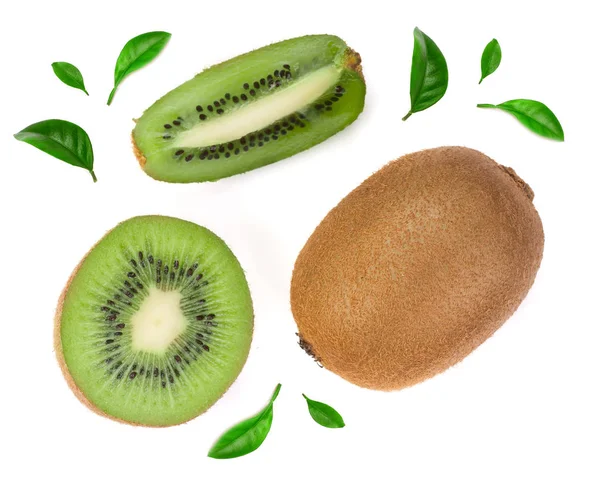 Kiwi fruit with slices isolated on white background, close-up. Top view. Flat lay pattern — Stock Photo, Image