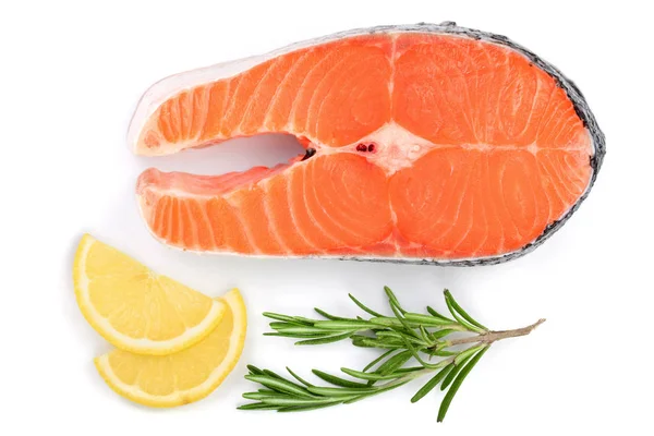 Del av röd fisk lax med citron och rosmarin isolerad på vit bakgrund. Ovanifrån. Lekmanna-platt — Stockfoto