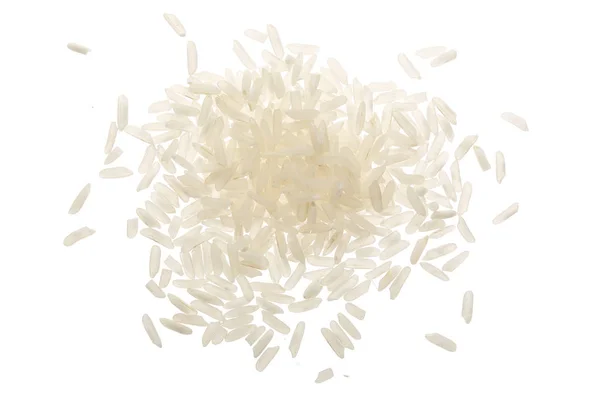 Grãos de arroz isolados sobre fundo branco. Vista superior. Depósito plano — Fotografia de Stock