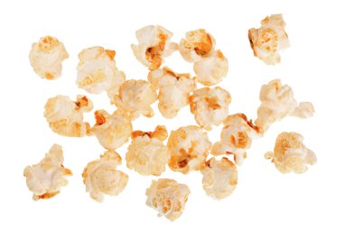 Beyaz arka plan üzerinde izole patlamış mısır. Üstten Görünüm