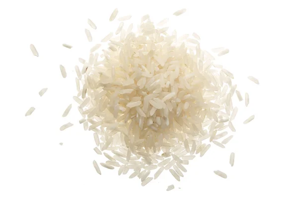 Grãos de arroz isolados sobre fundo branco. Vista superior. Depósito plano — Fotografia de Stock