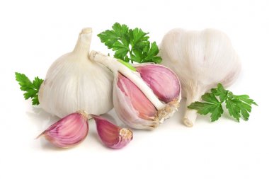 garlic with parsley leaf isolated on white background clipart