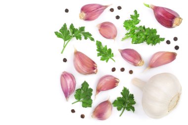 sarımsak karabiber ve izole kopya alanı metniniz için beyaz zemin üzerine maydanoz ile. Üstten Görünüm. Düz yatıyordu