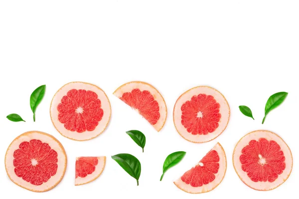 Grapefruit slices with leaves isolated on white background with copy space for your text. Top view. Flat lay pattern — Stock Photo, Image