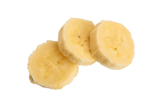 Banánové plátky izolovaných na bílém pozadí. Plochá ležel, horní pohled — Stock fotografie