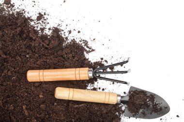 kopya alanı metniniz için beyaz zemin üzerine izole toprak Bahçe aletleri. Üstten Görünüm